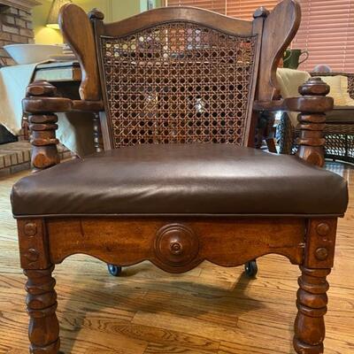 1970's Solid Wood Dining Table & 4 Cain Back Leather Seating Arm Chairs - 27.5"H x 61"W x 44"D - $220