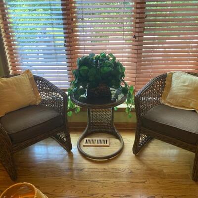 3PC Rattan/Wicker Bistro Set - 30"H x 27"W x 29"D (Chairs) + 25"H x 22"R (Table) - $150