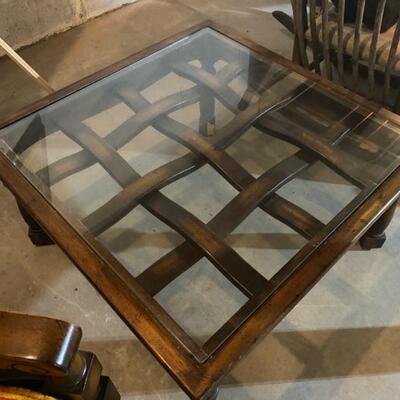 Square Glass Top Weaved Wood Accent Table - 17"H x 30"W x 30"D - $60