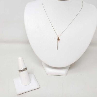 #542 â€¢ Sterling Silver Necklace And 2 Sterling Silver Rings size 7 & 7.5. 
