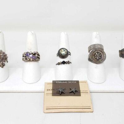 #546 • 7 Sterling Silver Rings And Sterling Silver Earrings