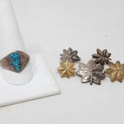 #544 • Sterling Silver Pins And Ring With Turquoise, 19.2g