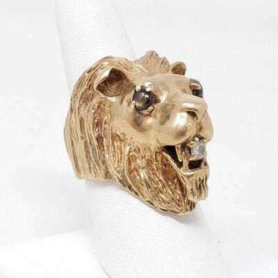 #506 â€¢ 14k Gold Lion Ring With Diamond,  weighs approx 22.9g approx size 8.