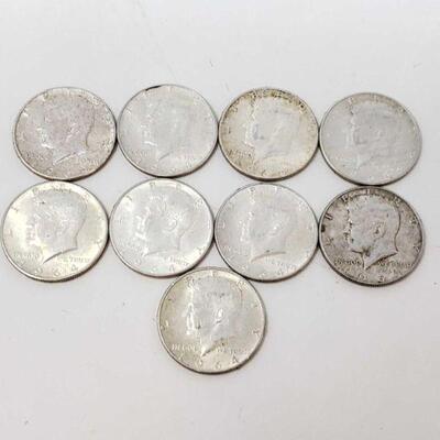 #666 • Nine 1964 Silver Kennedy Half Dollars