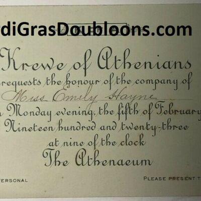 https://www.ebay.com/itm/124808701438	ME7029D Athenians 1923 Admit of Rex Queen 1923 Antique Mardi Gras Krewe
