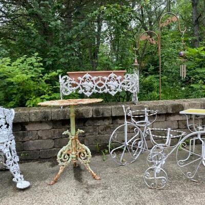 Wooden Plant Stand & Wrought Iron Bike Planters, Table & Planters