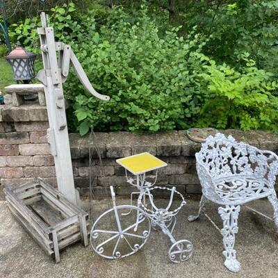Wooden Plant Stand & Wrought Iron Bike Planters & Garden Seat