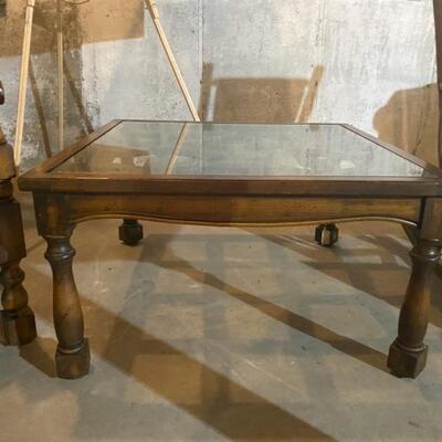 Square Glass Top Weaved Wood Accent Table - 17"H x 30"W x 30"D - $60