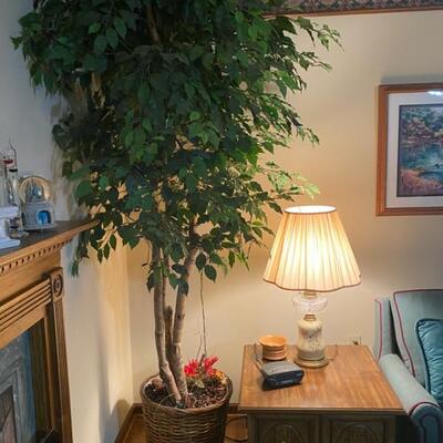 Indoor Artificial Tree & Vintage Side Table 