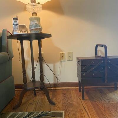 Vintage Pedestal Side Table & Portable Sewing Storage