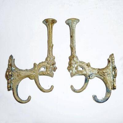 Pair brass coat hooks 