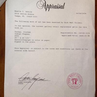 Signed â€œIndigo Chapeauâ€ Seriolithograph in color on wove paper, by Itzchak Tarkay w/ COA