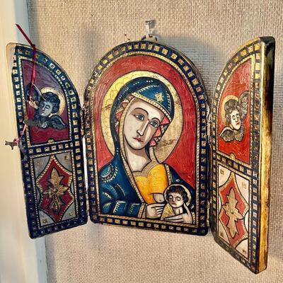 Antique wooden religious triptych icon / Madonna and Child
