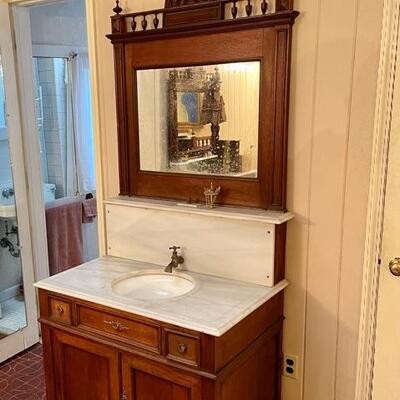Antique Marble Top Vanity with Sink and Mirror