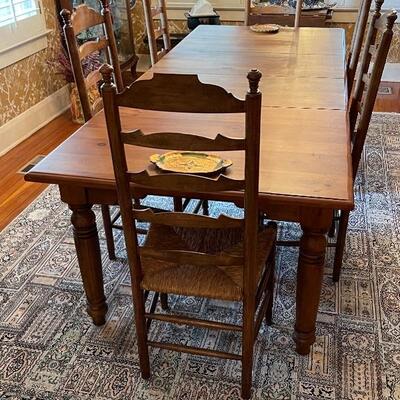 Large Farmhouse Dining Table with 8 Rush Seat Ladder Back Chairs and Removable Leaves