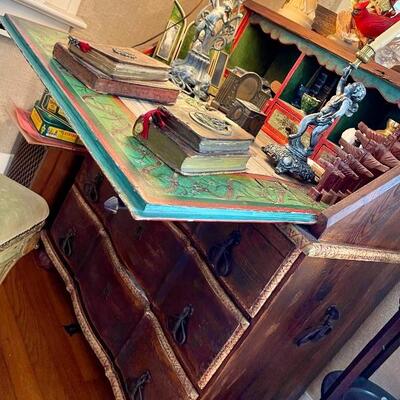 Antique drop front secretary desk with painting of ship