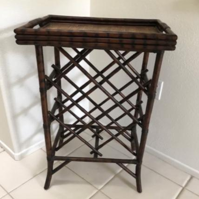 Vintage wine rack
This dark brown vintage bamboo motif wine rack has a removable tray.  The height is 33 inches and the tray is 22