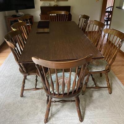Heywood Wakefield dining table, 6 chairs, two leaves, pads