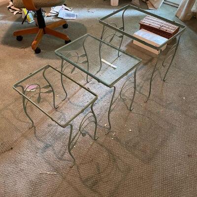 MATCHING IRON NESTING SIDE TABLES (2 MISSING GLASS), BUY THEM NOW $50