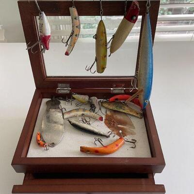 DISPLAY BOX WITH FISHING LURES. BUY IT NOW $30