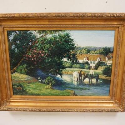 1101	LARGE EDGAR VAUGHN CONTEMPORARY OIL ON CANVAS OF A LANDSCAPE, DEPICTING HORSES, FRUIT TREE & A BUILDING. 47 IN X 34 IN INCLUDING FRAME
