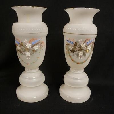1112	PAIR OF HAND PAINTED BRISTOL VASES, 12 1/2 IN HIGH
