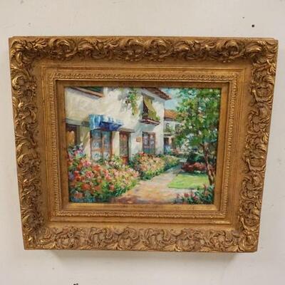 1102	 CONTEMPORARY OIL ON CANVAS OF A HOUSE & GARDEN SIGNED WAM-ETLTRE(?). 31 IN X 27 IN INCLUDING FRAME
