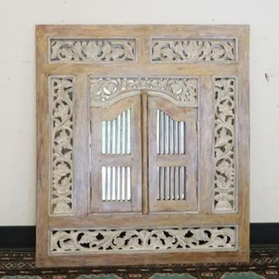 1046	MIRROR IN CARVED LATTICE FRAME, HAS 2 DOORS OVER THE GLASS, 31 1/2 IN X 35 1/2 IN
