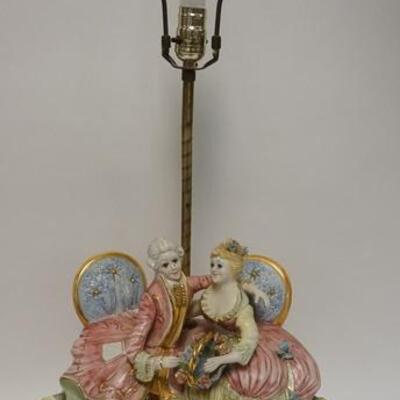 1069	ITALIAN PORCELAIN LAMP, SEATED LADY & GENTLEMAN, 33 IN HIGH X 15 IN WIDE
