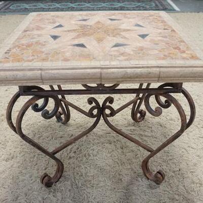 1004	MOSIAC TOP LAMP TABLE W/ IRON BASE & SCROLLED FEET, 25 1/2 IN X 23 IN 
