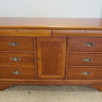 1131	LEXINGTON BETSY CAMERON SIX DRAWER LOW CHEST WITH FLORAL PULLS, CENTER DOOR AND INTERIOR DRAWERS. 86 IN WIDE X 33 IN HIGH X 19 IN DEEP
