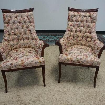 1001	PAIR OF UPHOLSTERED FLORAL TUFTED MAHAGONY SCROLLED ARMCHAIRS W/ FLUTED LEGS
