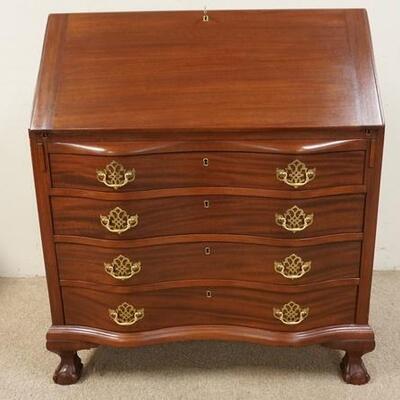 1150	SOLID MAHOGANY SECRETARY WITH SERPENTINE FRONT, BRASS PULLS, BALL AND CLAW FEET. 36 IN X 18 1/2 IN X 42 1/4 IN HIGH
