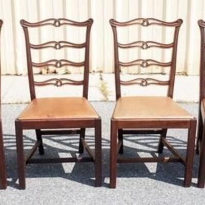 1189	SET OF 6 CHIPENDALE STYLE CHAIRS WITH LEATHER SEATS, LEATHER STAINDED, 1 ARM. POSSIBLY KITTENGER?
