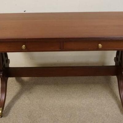 1147	MAHOGANY LIBRARY TABLE WITH 2 OPENING DRAWERS AND LYRE BASE. 60 IN X 22 IN X 28 1/2 IN HIGH
