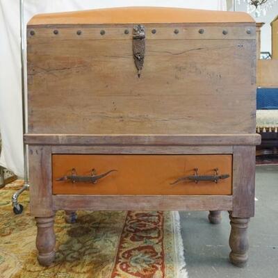1048	DOME TOP TRUNK ON A FRAME, BASE HAS DRAWER, WROUGHT IRON HARDWARE, COTTER PIN HINGES, DRAWER PULLS ARE IN THE FORM OF ALLIGATORS,...