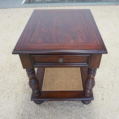 1142	LANE 1 DRAWER END TABLE WITH CANED SHELF BENEATH. 28 IN X 23 IN X 26 1/2 IN HIGH
