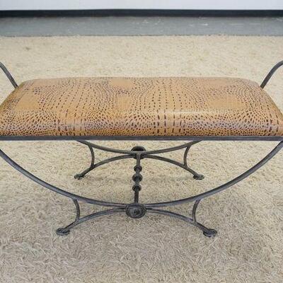 1024	FANCY WROUGHT IRON BENCH W/ALLIGATOR FINSHED UPHOLSTERY & ARMS, 14 1/4 IN X 50 IN X 23 IN HIGH
