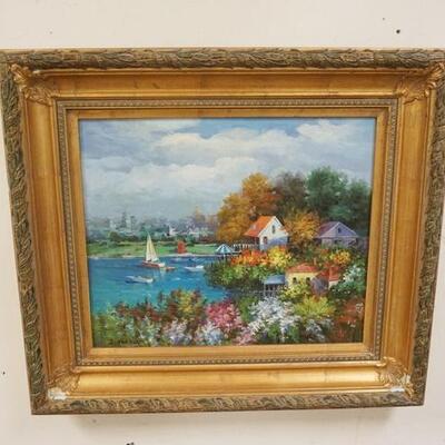 1104	CONTEMPORARY OIL ON CANVAS OF A LAKE & VILLAGE, SIGNED LOWER LEFT. 33 IN X 30 IN INCLUDING FRAME
