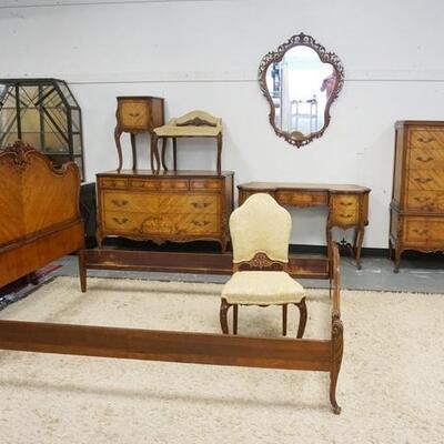 1006	OUTSTANDING FRENCH PROVINCIAL 8 PIECE BEDROOM SET W/CHESTS & BED HAVING FLORAL SCROLLING URN INLAY
