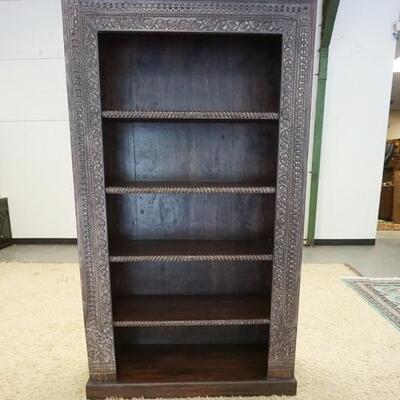 1016	UNUSUAL CARVED ASIAN BOOKCASE HAVING 4 SHELVES & CARVING OF VINES & CHAIN LINK ALONG FRONT, 18 3/4 IN X 44 1/2 IN X 79 IN HIGH
