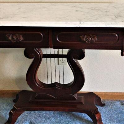 1950's Italian Marble Top Mahogany Lyre Table, hand carved rose drawer pulls. Very Unusual!! 