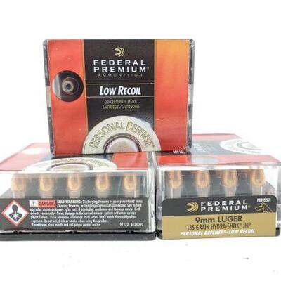 #1000 â€¢ Approx 60 Rounds Of Federal Premium Ammunition Low Recoil Centerfire Pistol 9mm Luger 1...