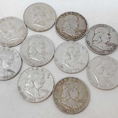 #1885 â€¢ Approx 10 Half Dollars Of Ben Franklin Coins Ranging Between 1949 To 1963