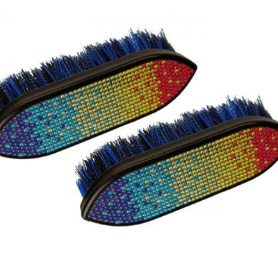 142	

(2) Showmanâ„¢ Multi colored crystal rhinestone medium bristle brush.
Features durable hard plastic base and accented with multi...