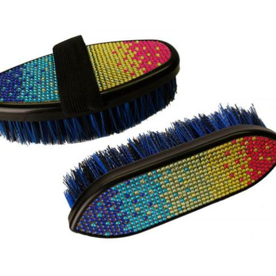 142	

(2) Showmanâ„¢ Multi colored crystal rhinestone medium bristle brush.
Features durable hard plastic base and accented with multi...