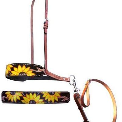 91	

Showman Â® Hand Painted Sunflower and leather print leather tie down noseband and strap.
Noseband features a hand painted sunflower...