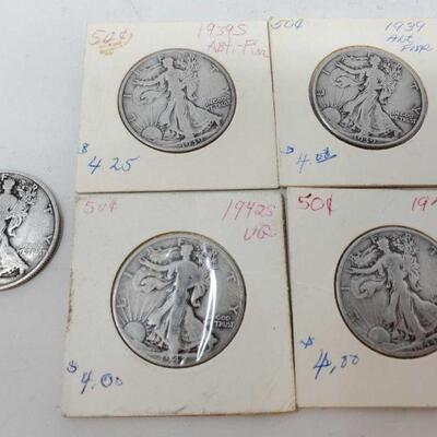 #1884 â€¢ One 1937, Two 1939, One 1042 And One 1944 Walking Liberty Half Dollar Coins
