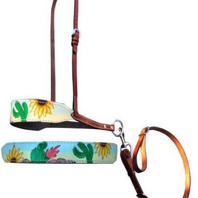 90	

Showman Â® Hand Painted Sunflower and cactus print overlay leather tie down noseband and strap.
Noseband features a hand painted...