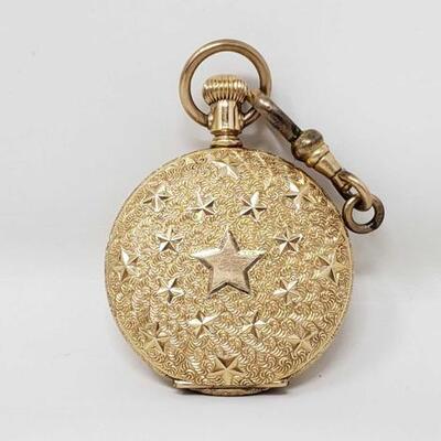 1290 â€¢ 1893 AMERICAN WALTHAM 14K Gold Filled Elgin Hunter Case POCKET WATCH Stars WORKS-44.2g
